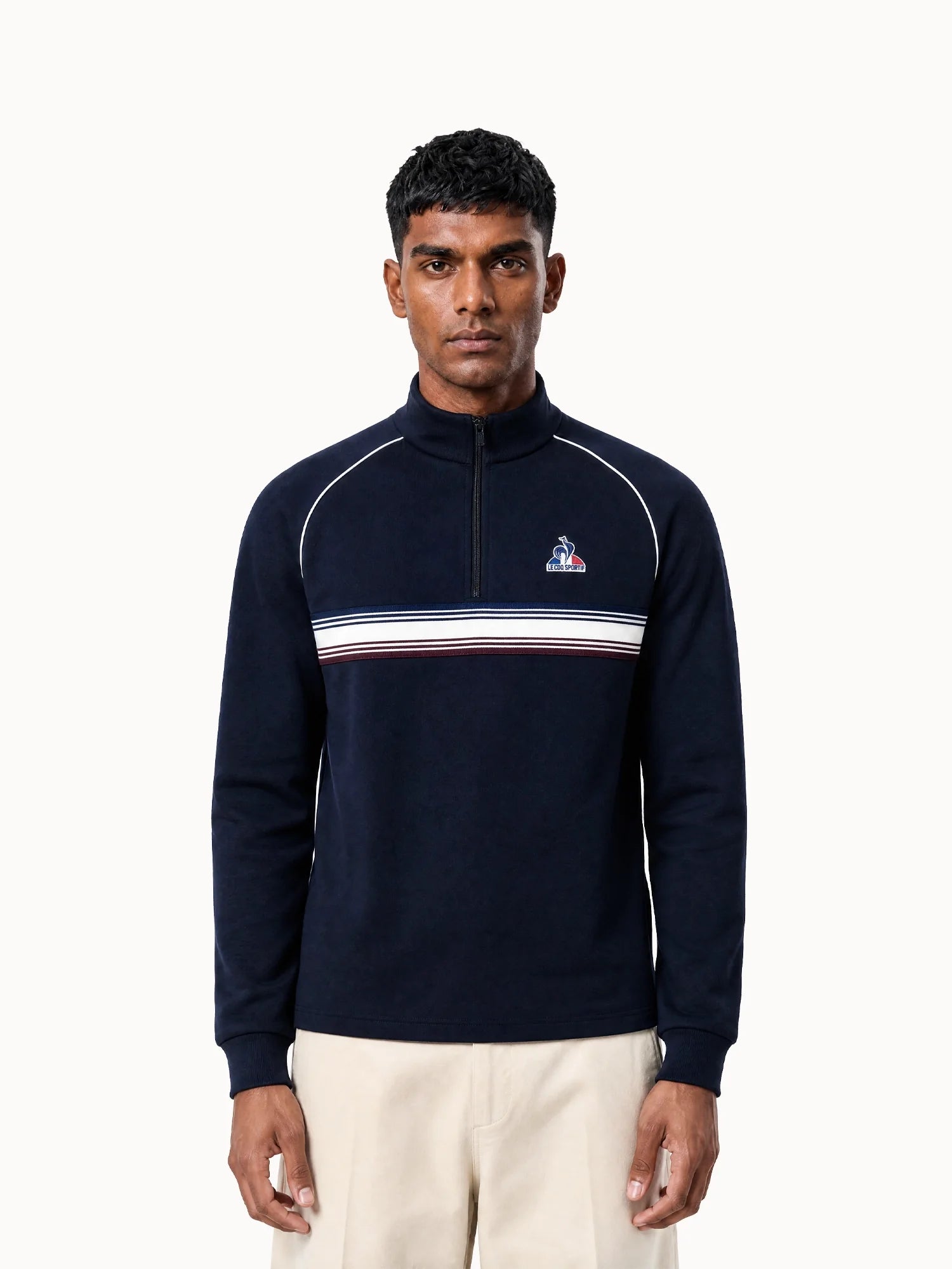 Sweat demi-zippé en double face avec bande rayée Tricolores, LE COQ SPORTIF
