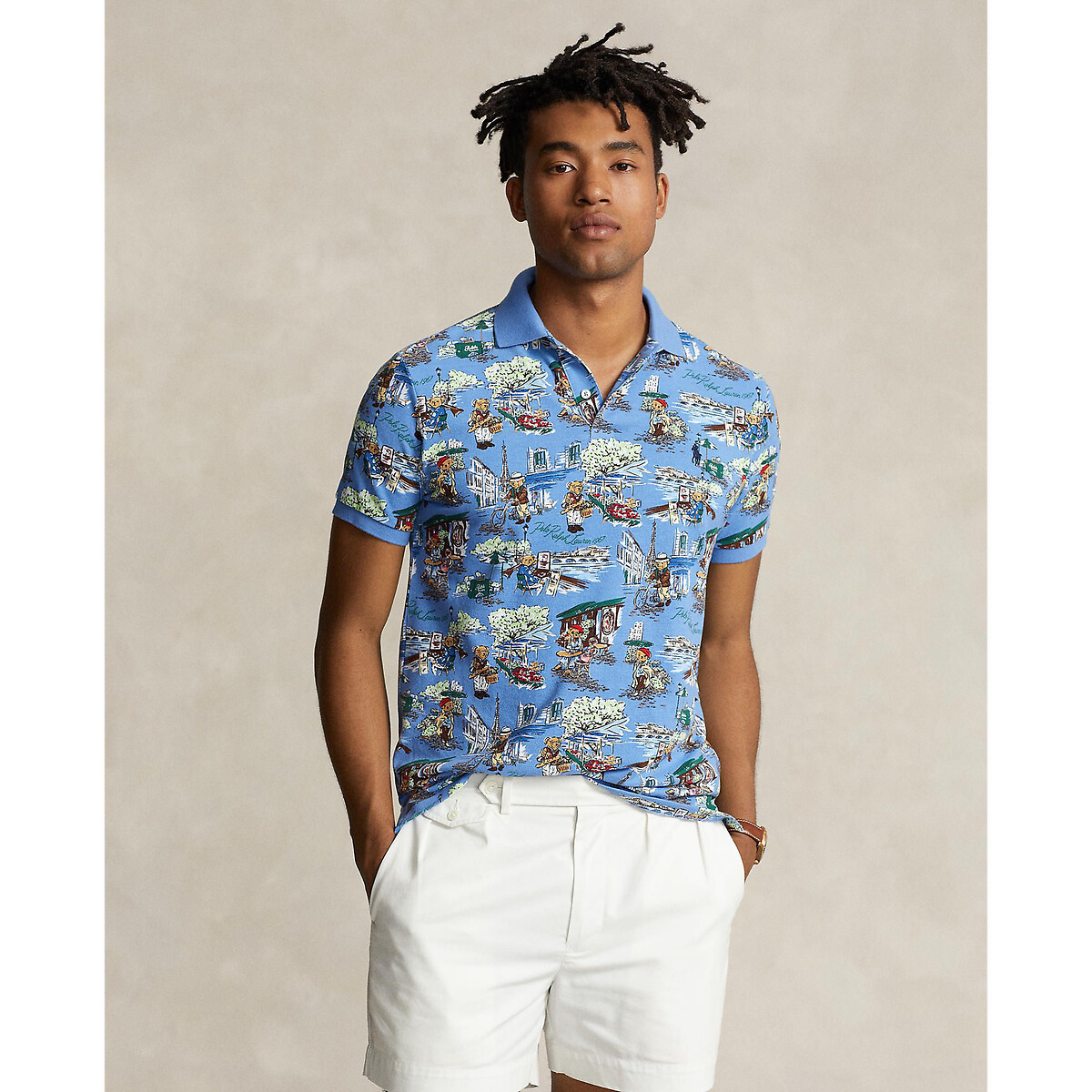 Bear print polo shirt in cotton and custom slim fit printed Polo