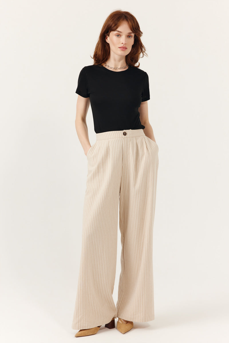 Pantalon Dalina taille haute coupe large droite à rayures fines verticales, ARTLOVE