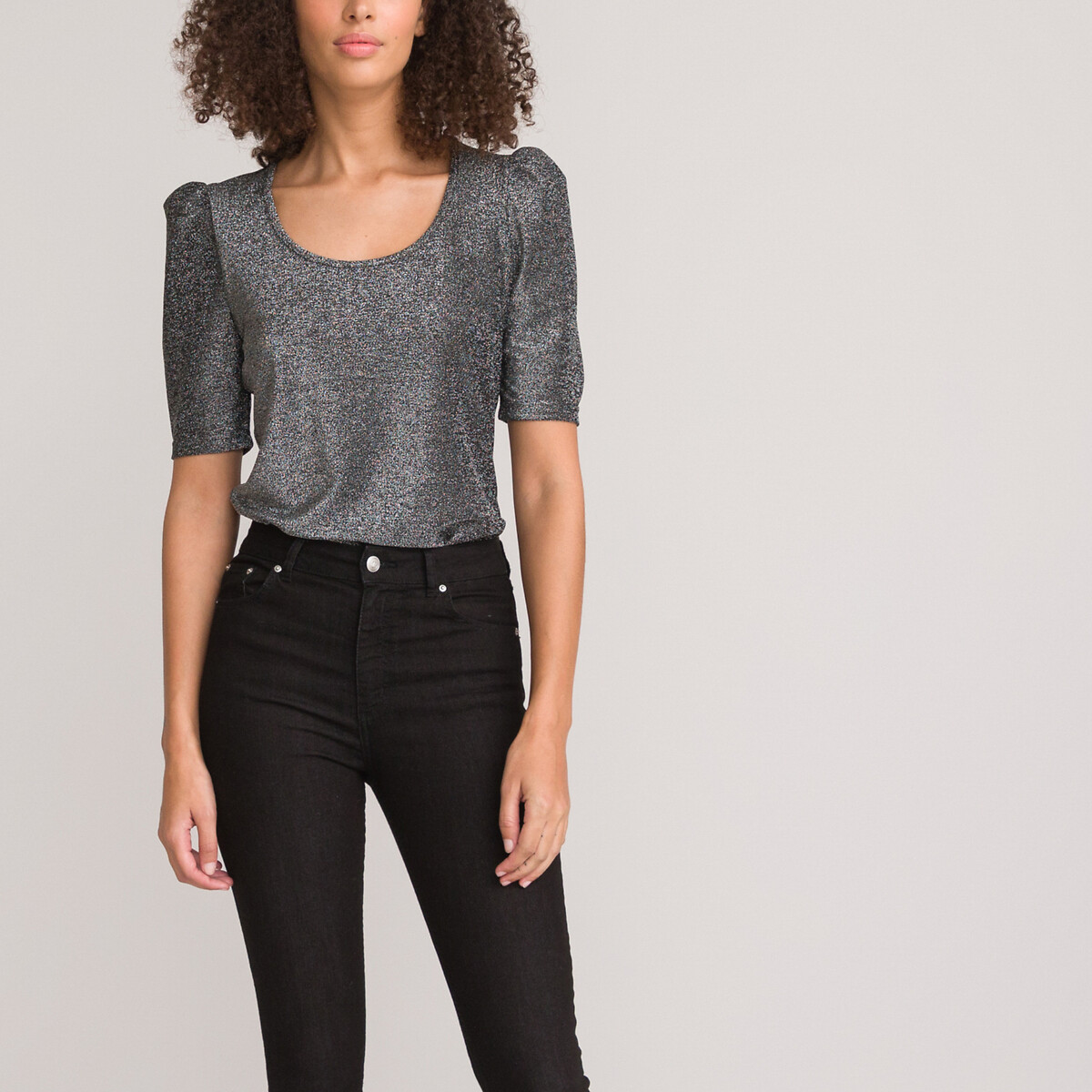 Sparkly Crew Neck T-Shirt with Puff Sleeves