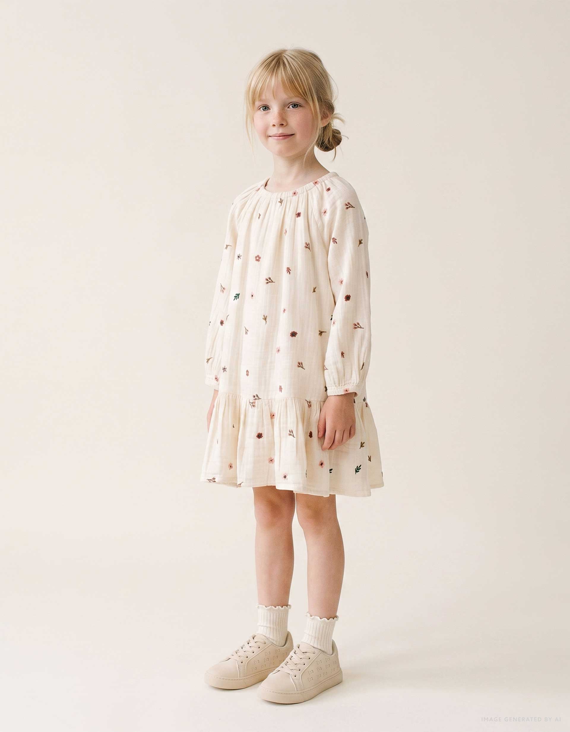 Robe en coton à manches longues avec broderie florale, ZIPPY