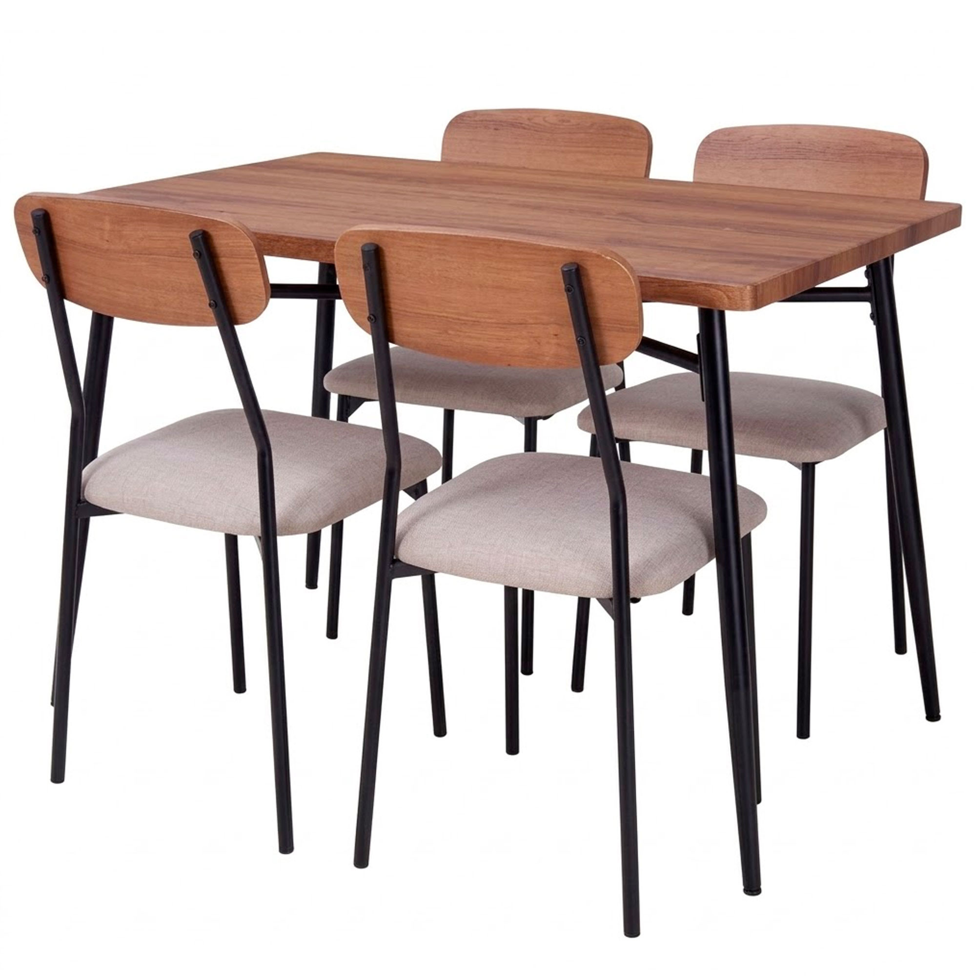 Ensemble table salle à manger bois et métal noir + 4 chaises assises rembourées, WADIGA