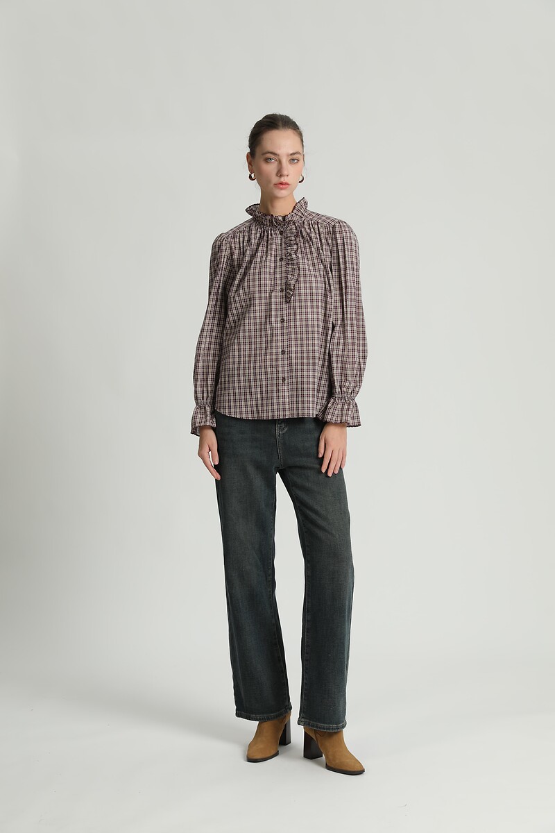 Blouse volant à carreaux, col montant, SEE U SOON