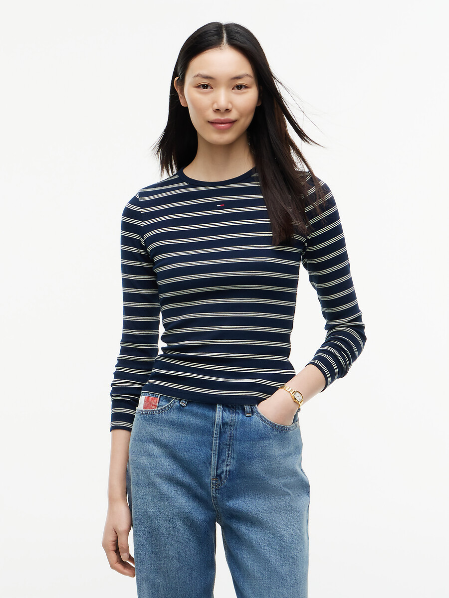 T-shirt de gola redonda às riscas, com mangas compridas, TOMMY JEANS