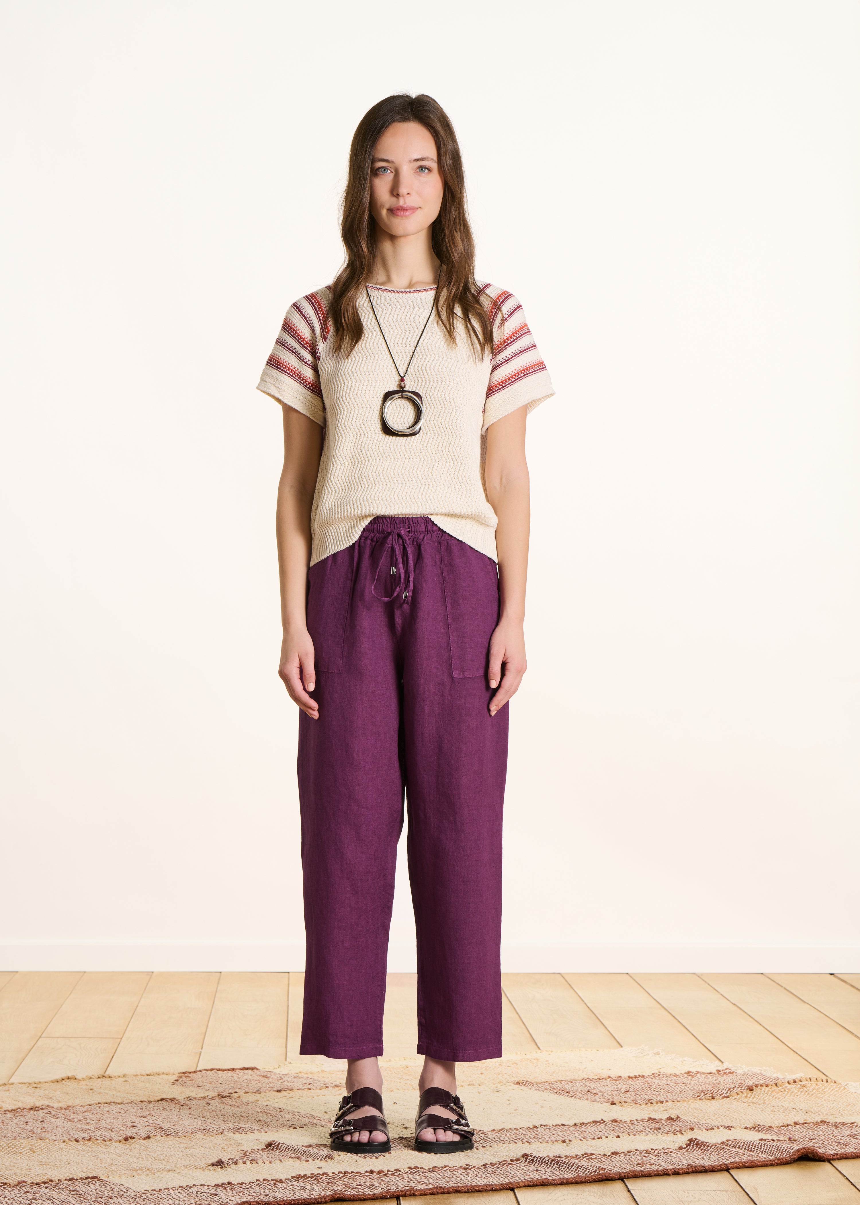 Pantalon 7/8ème en lin taille élastiquée, LA FEE MARABOUTEE
