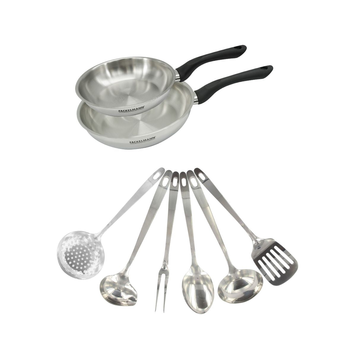 Set 2 poêles 20 et en inox et 6 ustensiles inox GENEVA, FACKELMANN