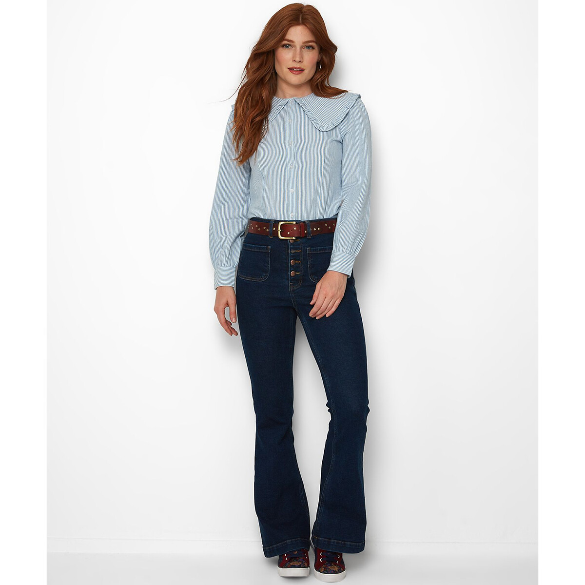 Blusa às riscas com botões, gola claudine larga