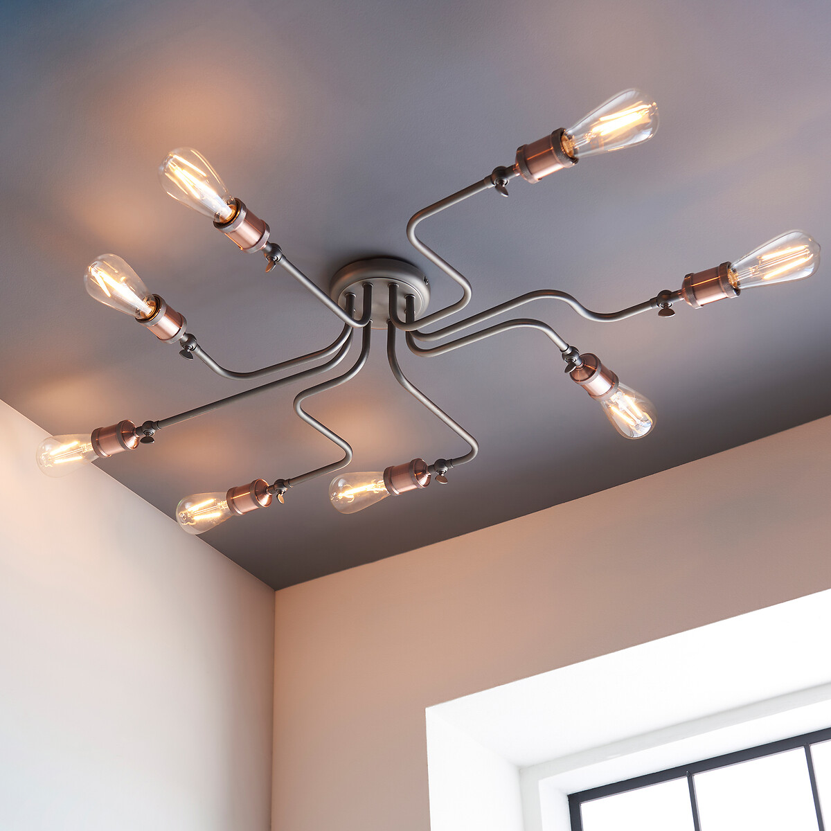 Halle 8-Light Industrial Semi-Flush Ceiling Light in Copper, SO'HOME