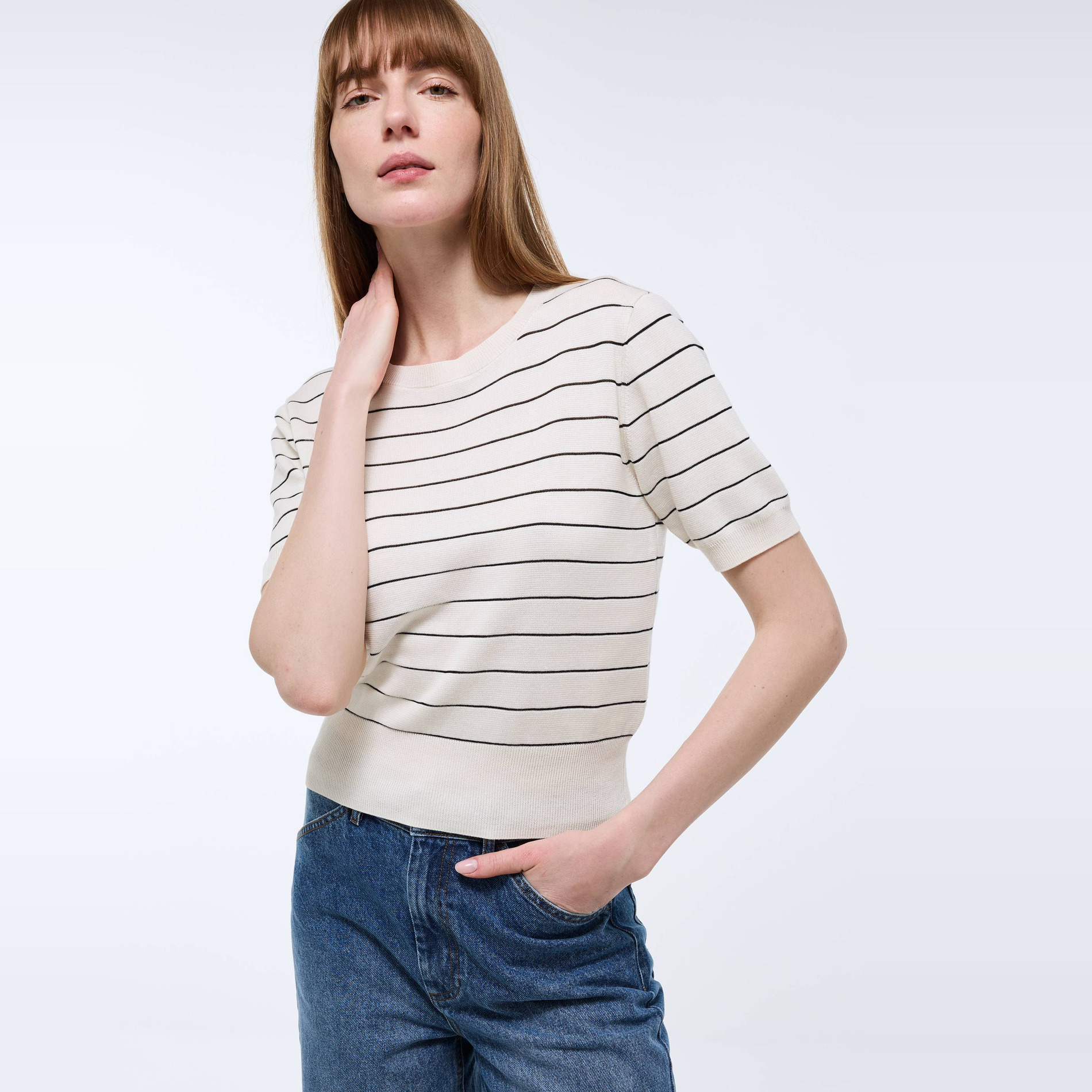 Pull col rond rayé, MONOPRIX