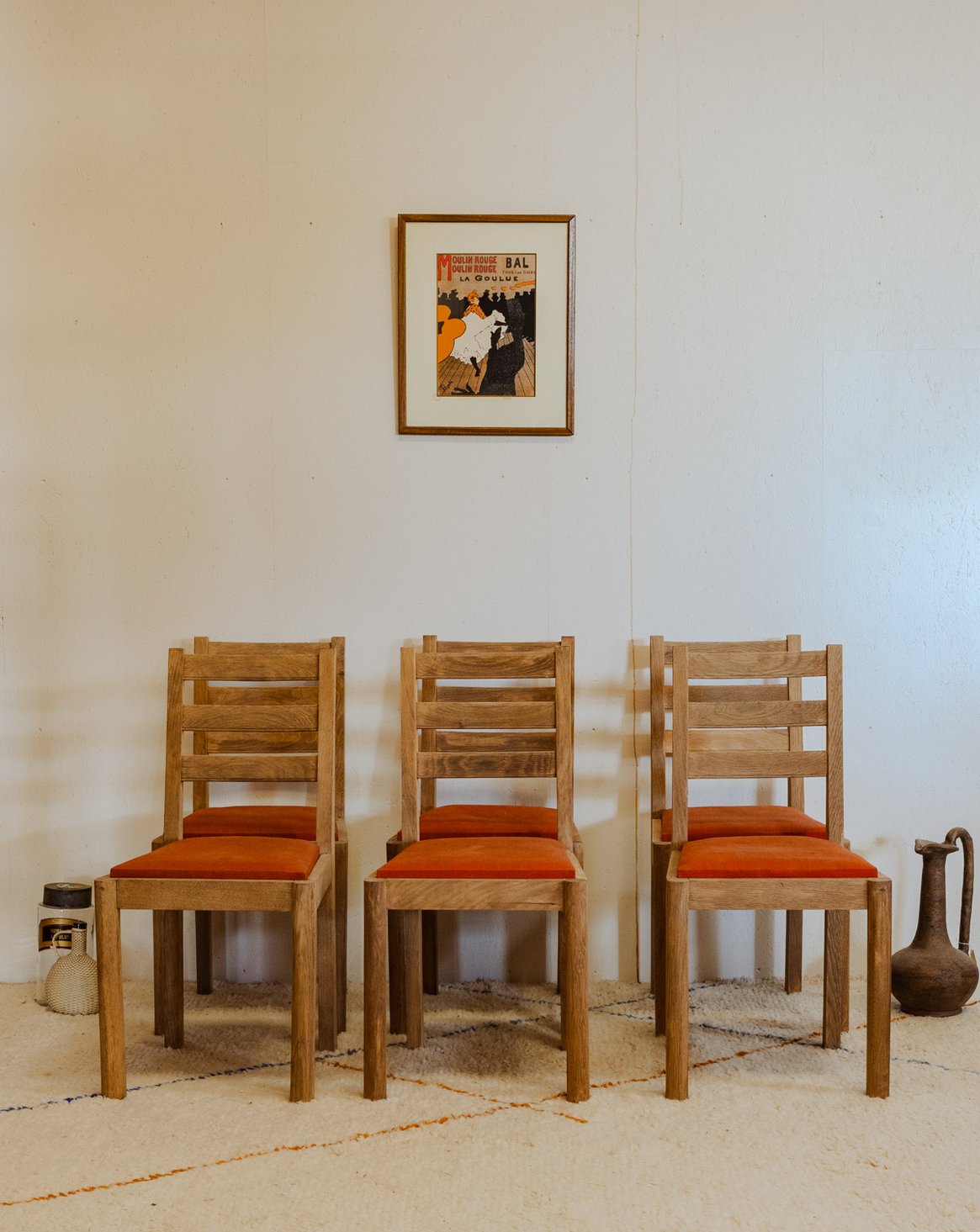 Lot de 6 chaises en chêne et tissu orange Claude N°1168 - Bon état, DEBONGOUT