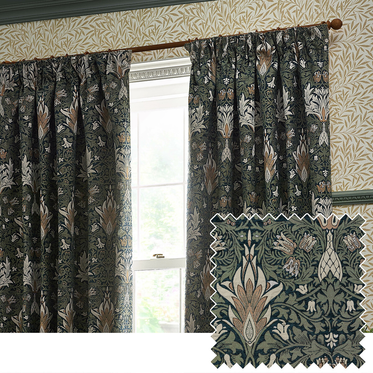 Snakeshead Jacquard Chenille Pencil Pleat Curtains, MORRIS & CO.