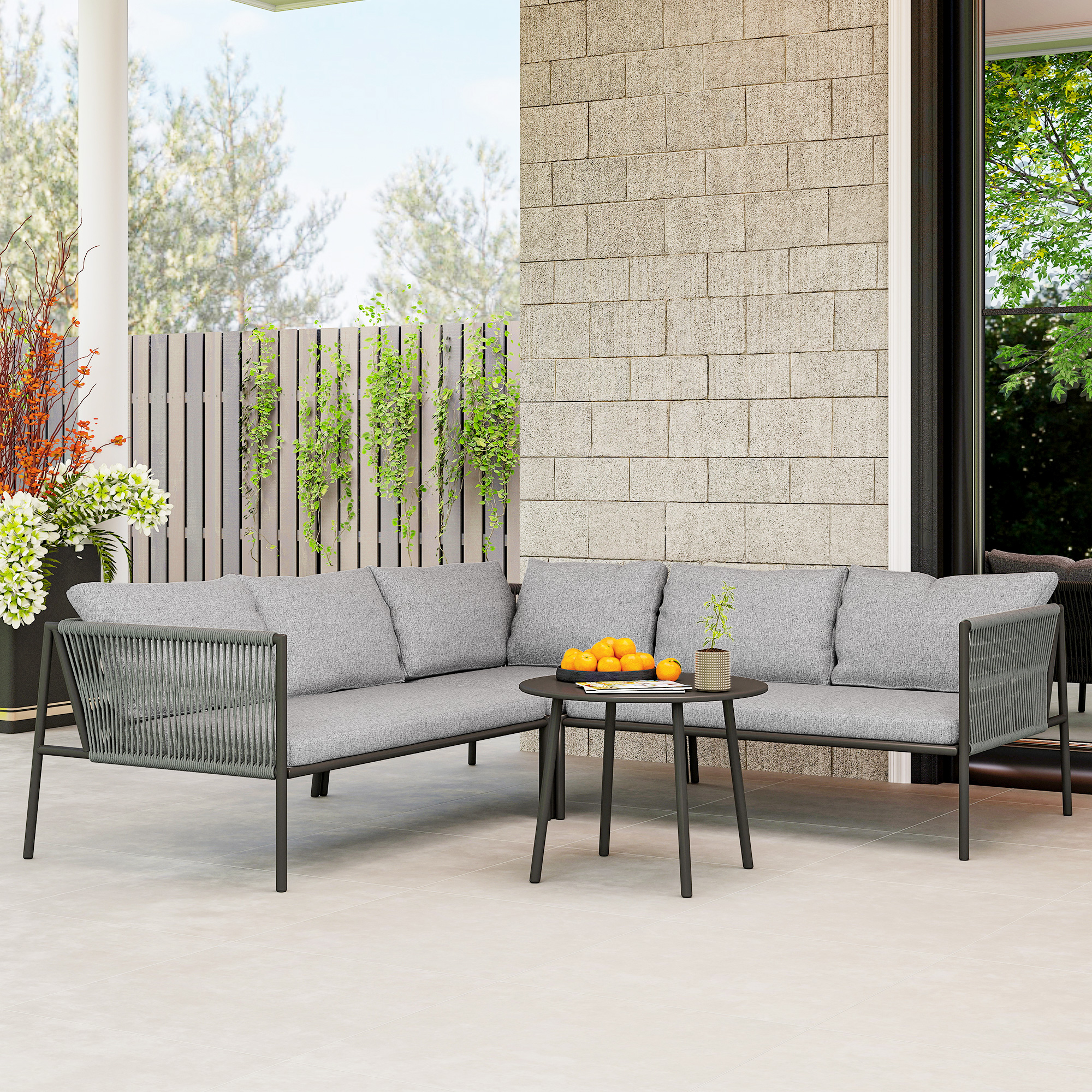 Ensemble Salon Jardin 4-5 Places – Canapé D’angle + Table Basse – Cadre Fer Galvanisé, Coussins épais – Gris – Pour Terrasse, Balcon, Jardin - 9