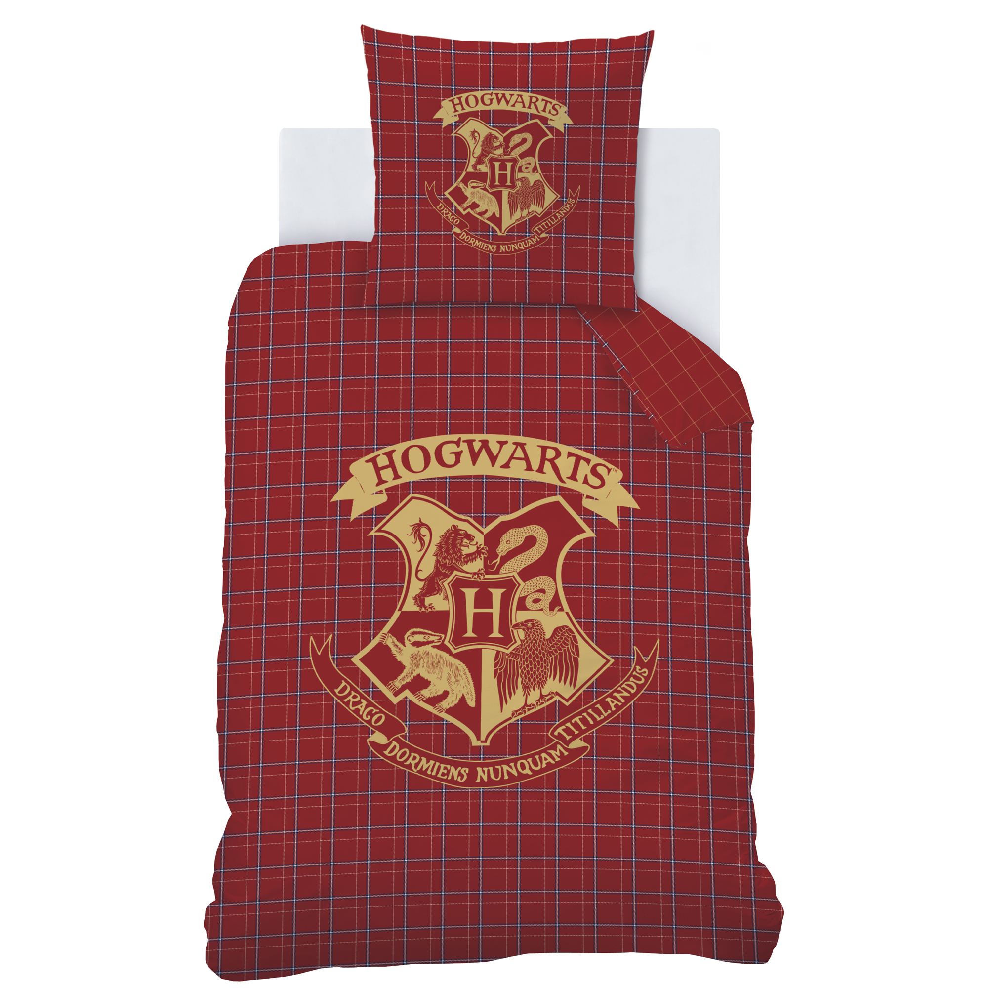 Parure De Lit Harry Potter Tartan - Housse Couette 220x240cm + 2 Taies, Flanelle Coton, Rouge