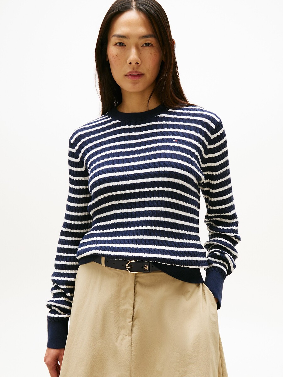 Striped Crew Neck Jumper in Cable Knit, TOMMY HILFIGER