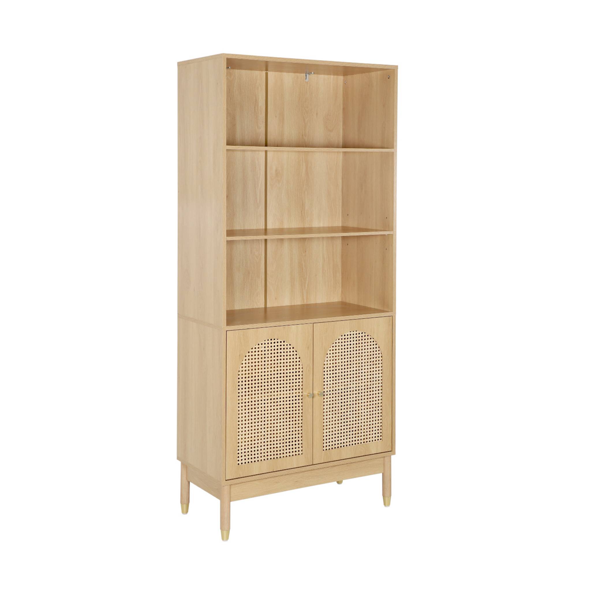 Etagère bibliothèque décor bois et cannage 4 niveaux 2 portes JUDITH, SWEEEK