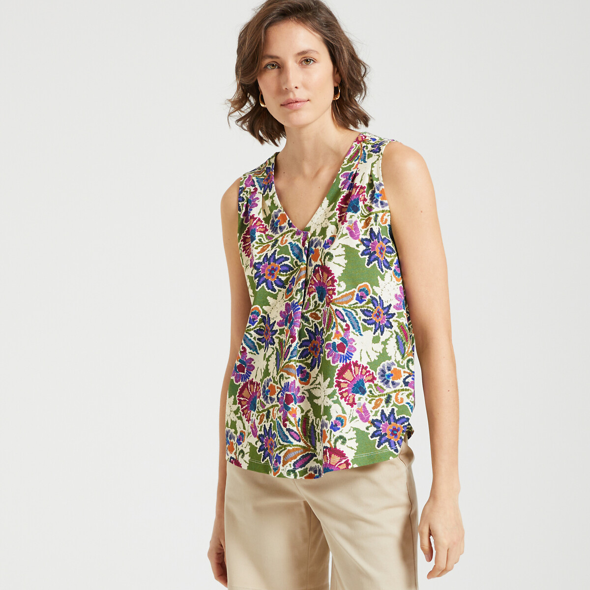 Image of Floral Cotton Sleeveless T-Shirt with V-Neck