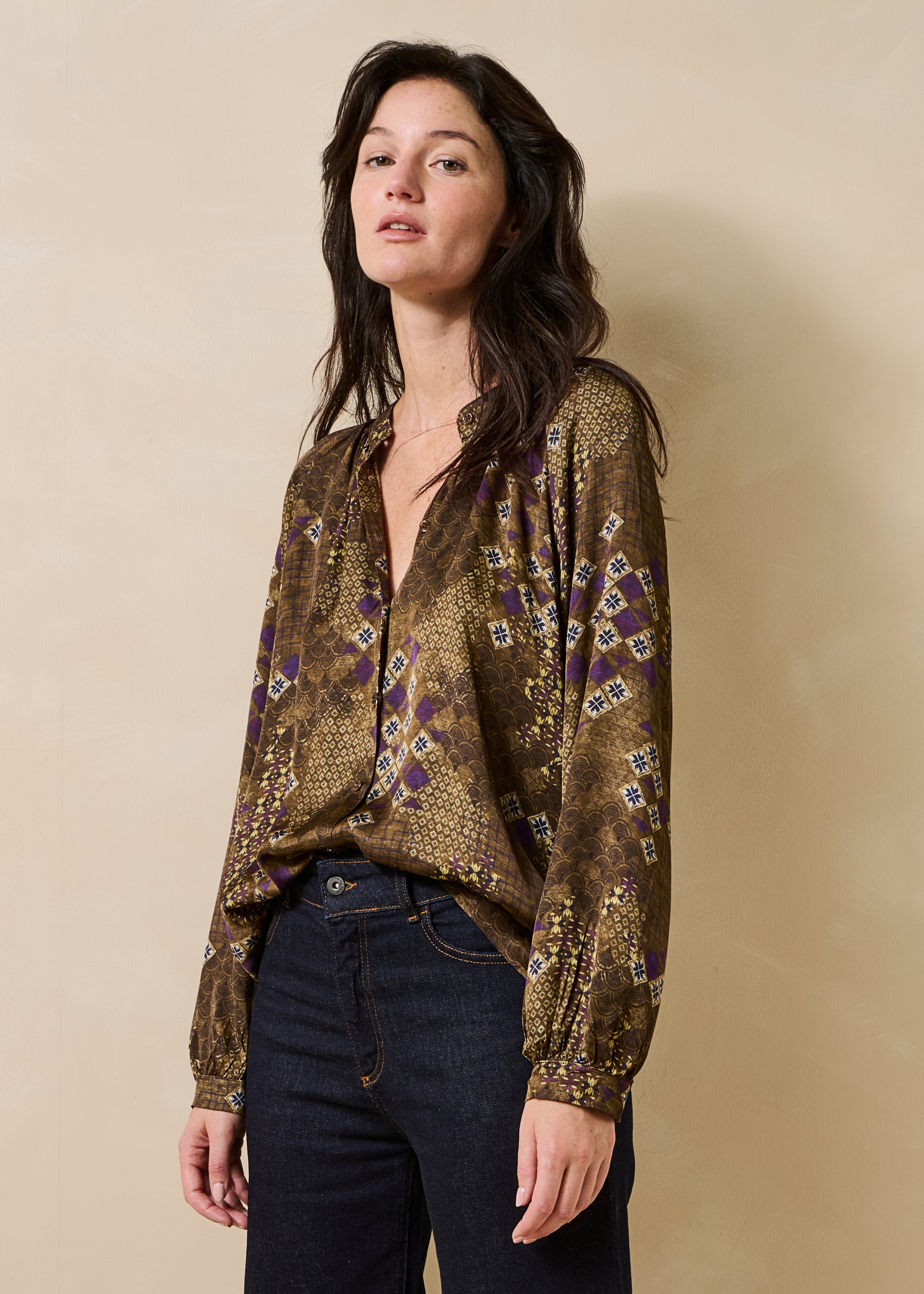 Chemise manches longues col rond en satin imprimé, LA FEE MARABOUTEE