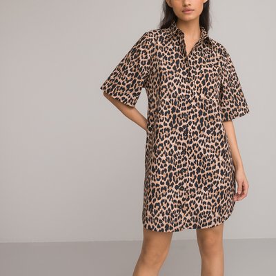 Cotton Mini Shirt Dress in Leopard Print with Short Sleeves LA REDOUTE COLLECTIONS
