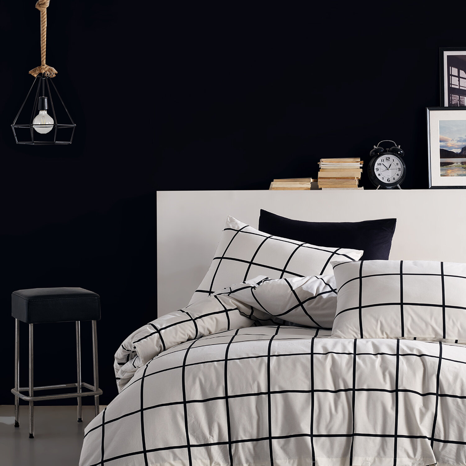 Parure Housse de couette 3 pcs 240x220 cm 100% coton 57 fils imprimé."Carreaux noir", C DESIGN HOME TEXTILE