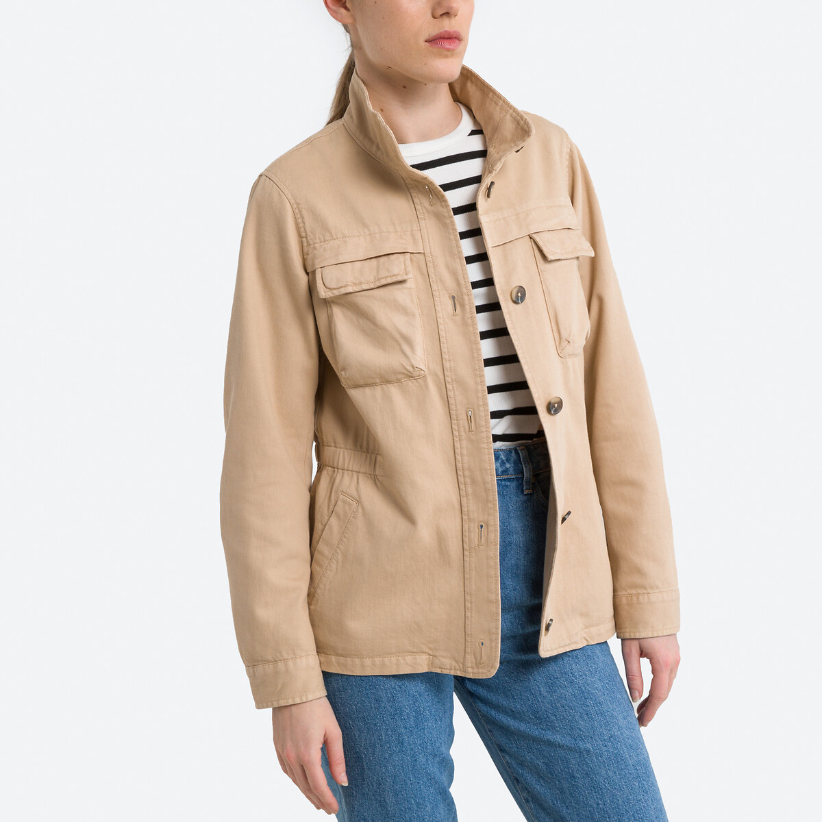 Image of Cotton Mix Buttoned Jacket with High Neck
