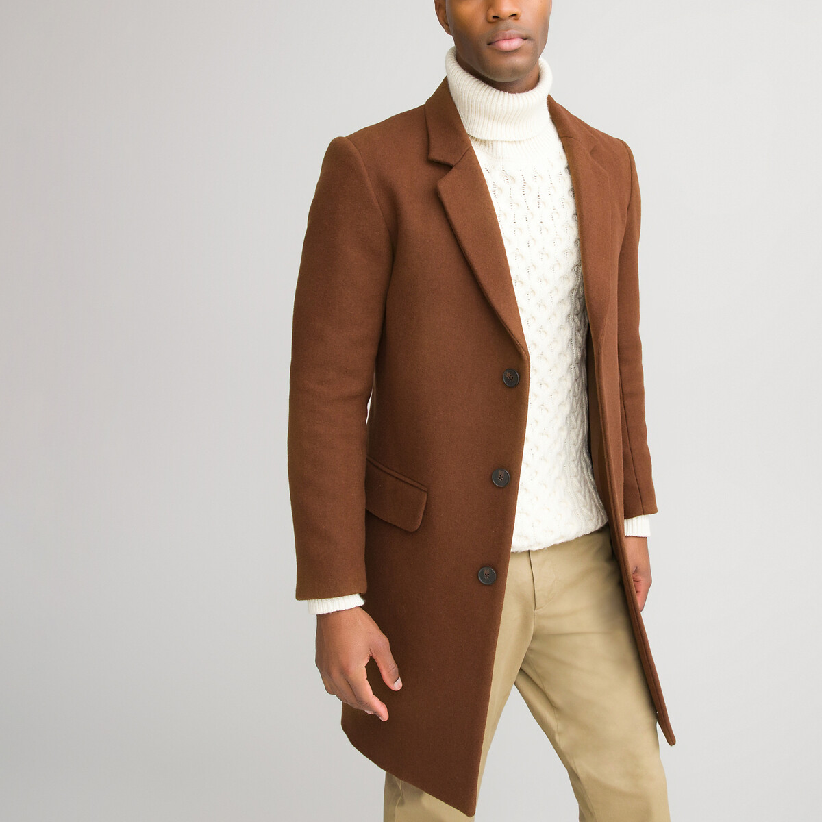 Mid-length coat in recycled wool mix with tailored collar , camel, La ...