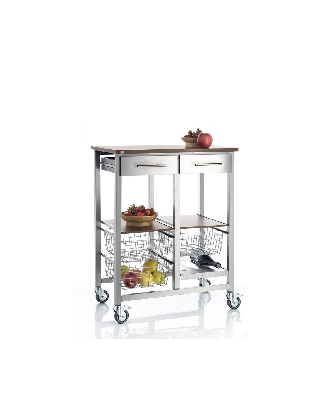 Grande desserte de cuisine à roulettes ONDA ALUMINIUM DOUBLE avec 2 tiroirs et 3 paniers, DON HIERRO