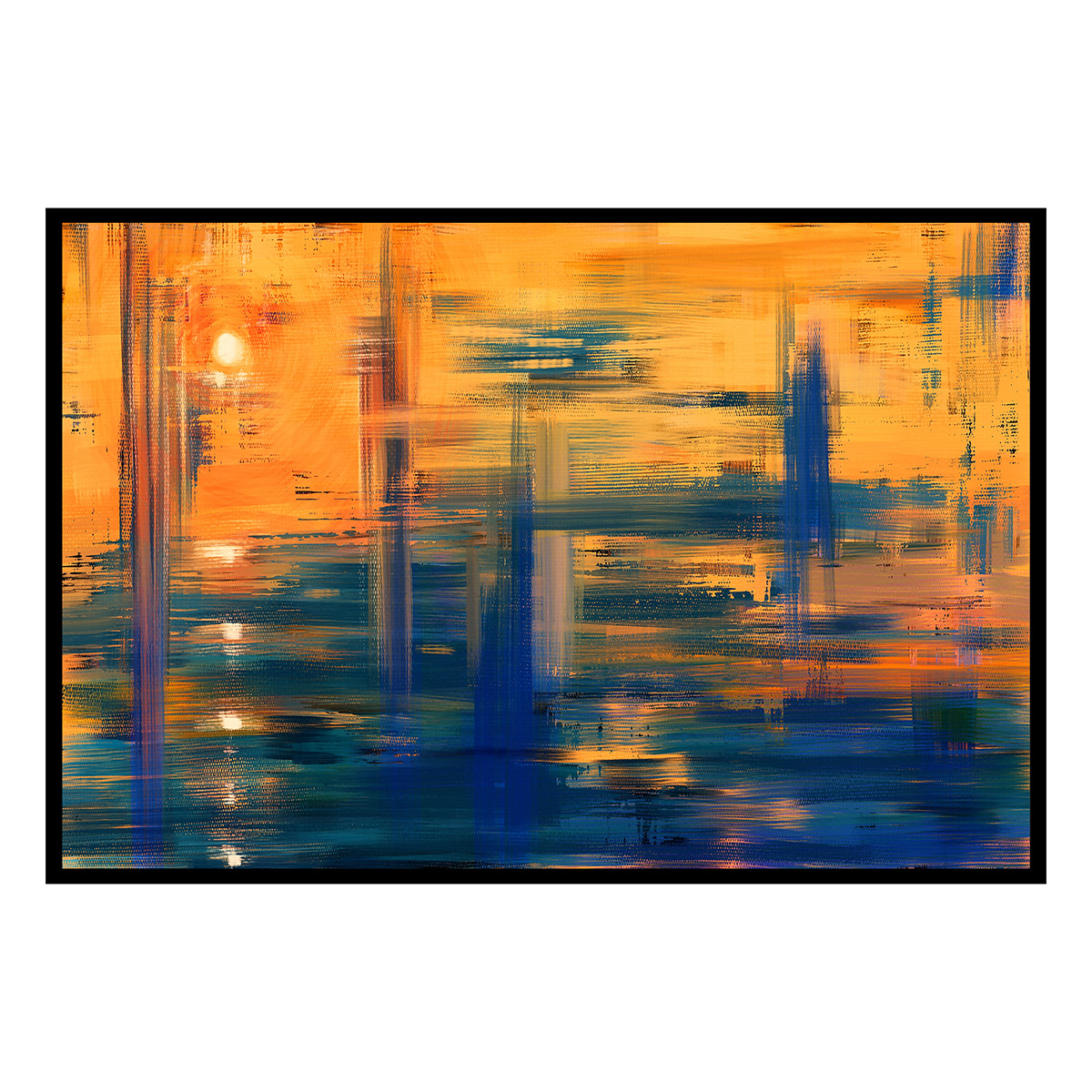 Affiche encadrée peinture abstraite orange et bleu, HEXOA