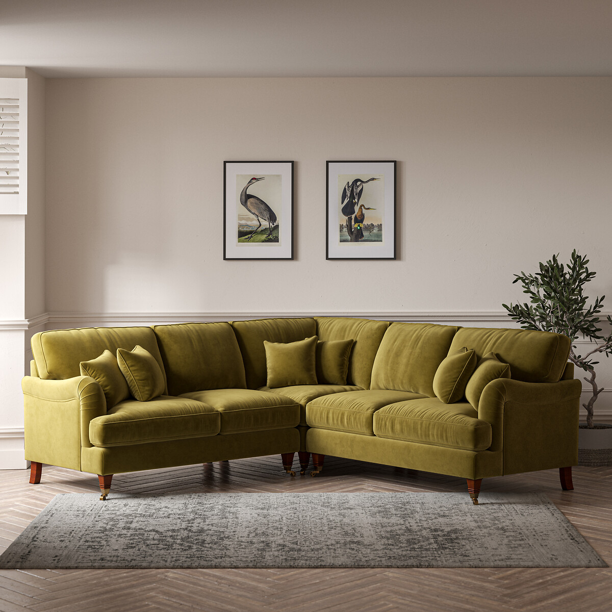 Emeline Velvet Corner Sofa with Castor Legs, ÉDITÉ