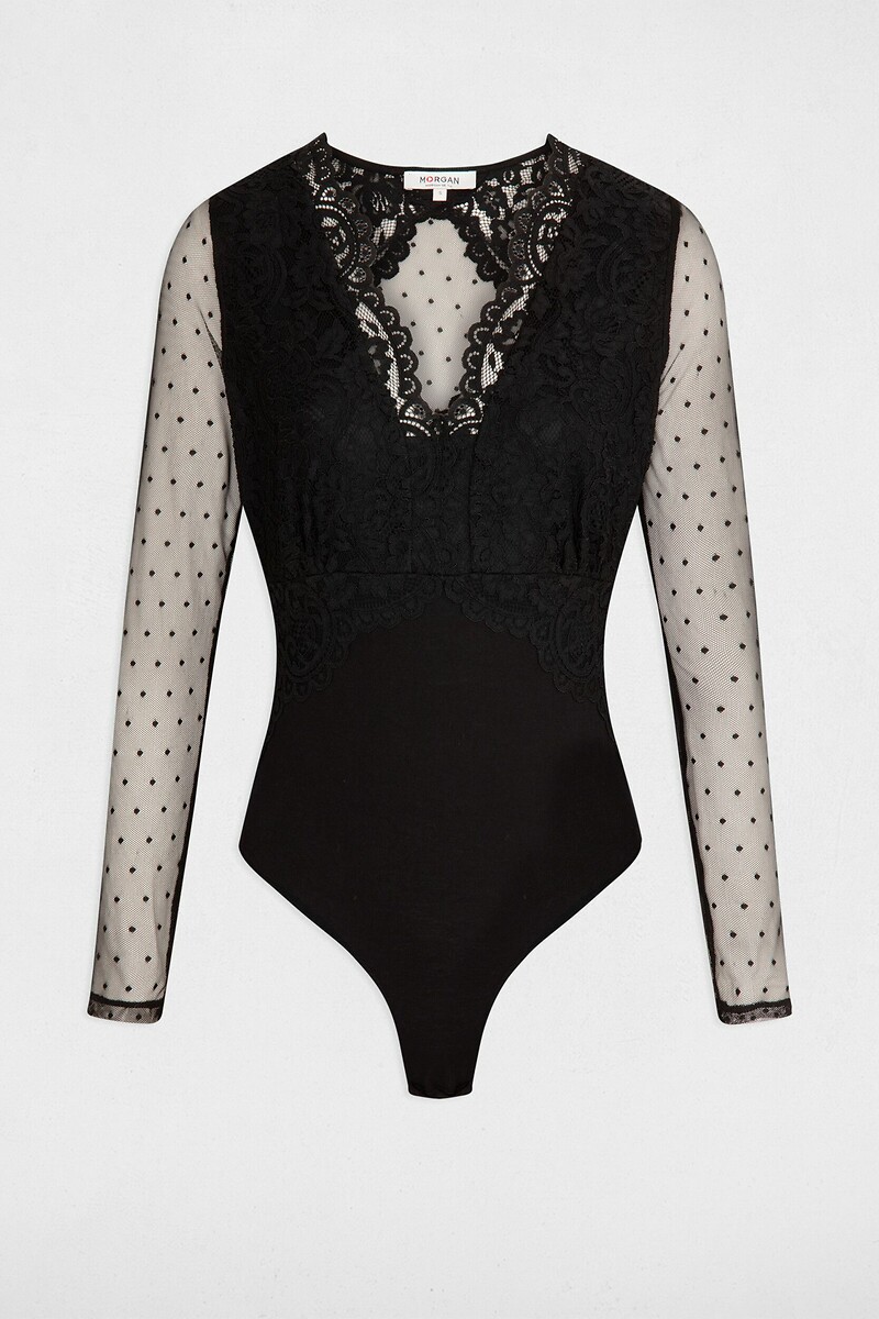 Body Dentelle Manches Longues Morgan - Col Montant, Dos Boutonné, Pour Un Look Chic Et Confortable