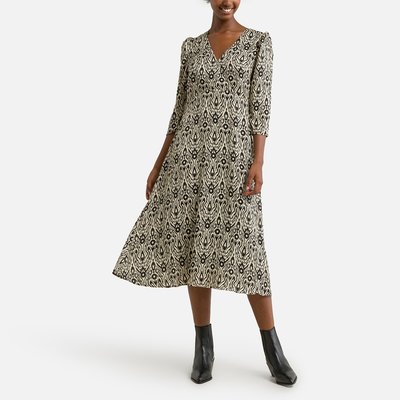 Printed Midi Dress with 3/4 Length Sleeves SEE U SOON
