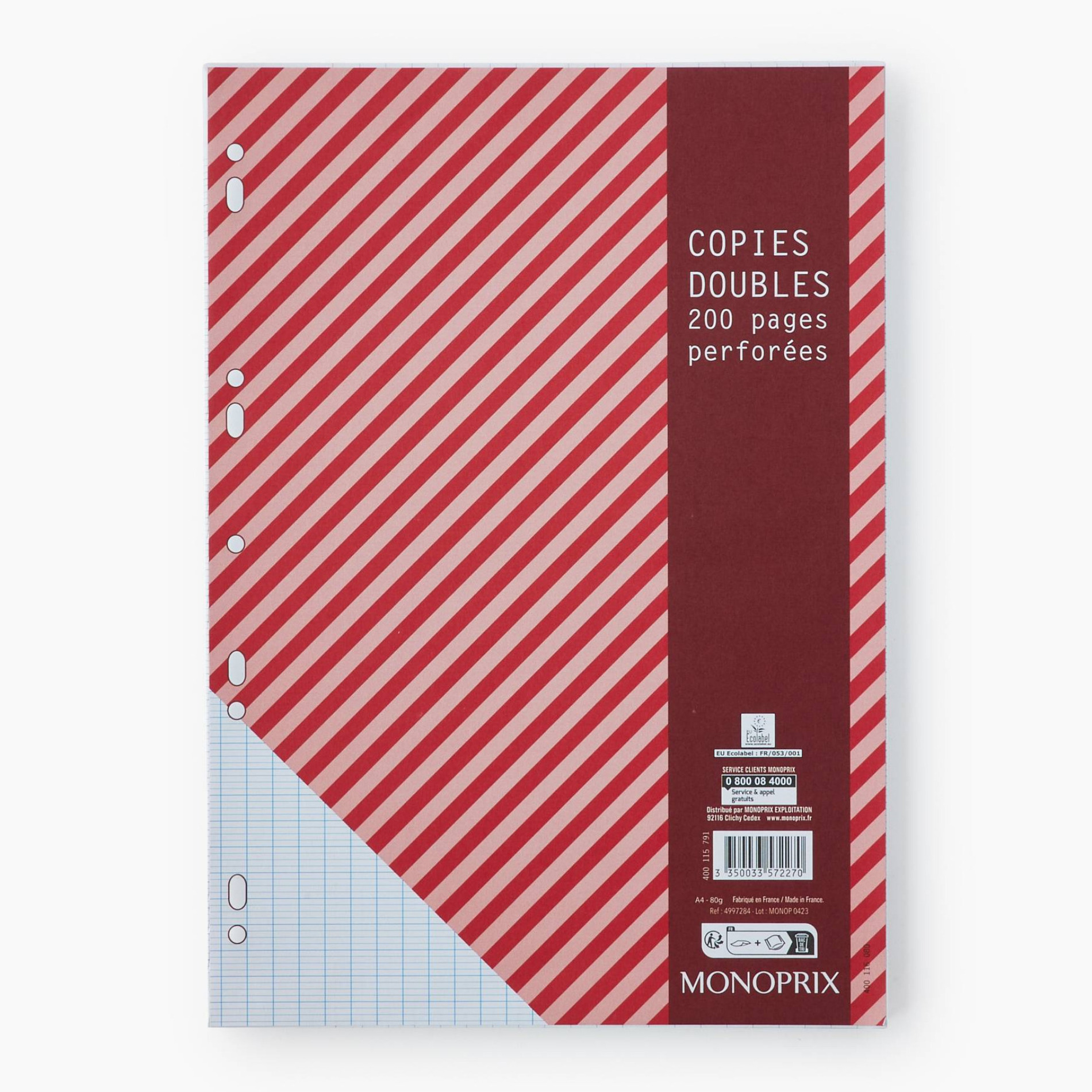 200 copies doubles, A4, grands carreaux, MONOPRIX