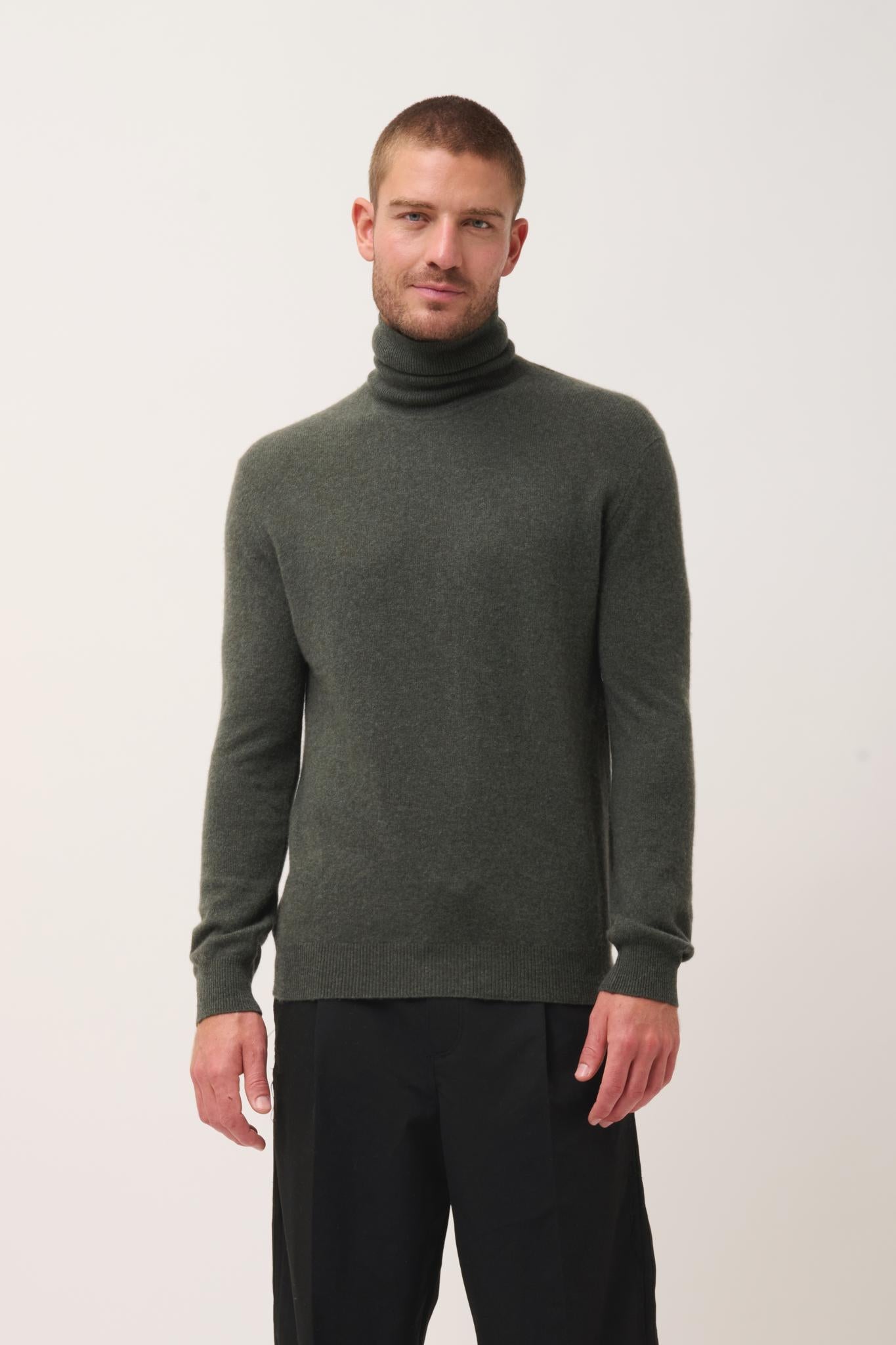Pull Col Roulé Kaki Chiné Connor, JUST CASHMERE