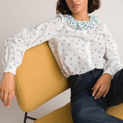 Floral Print Cotton Blouse with Peter Pan Collar and Long Sleeves LA REDOUTE COLLECTIONS
