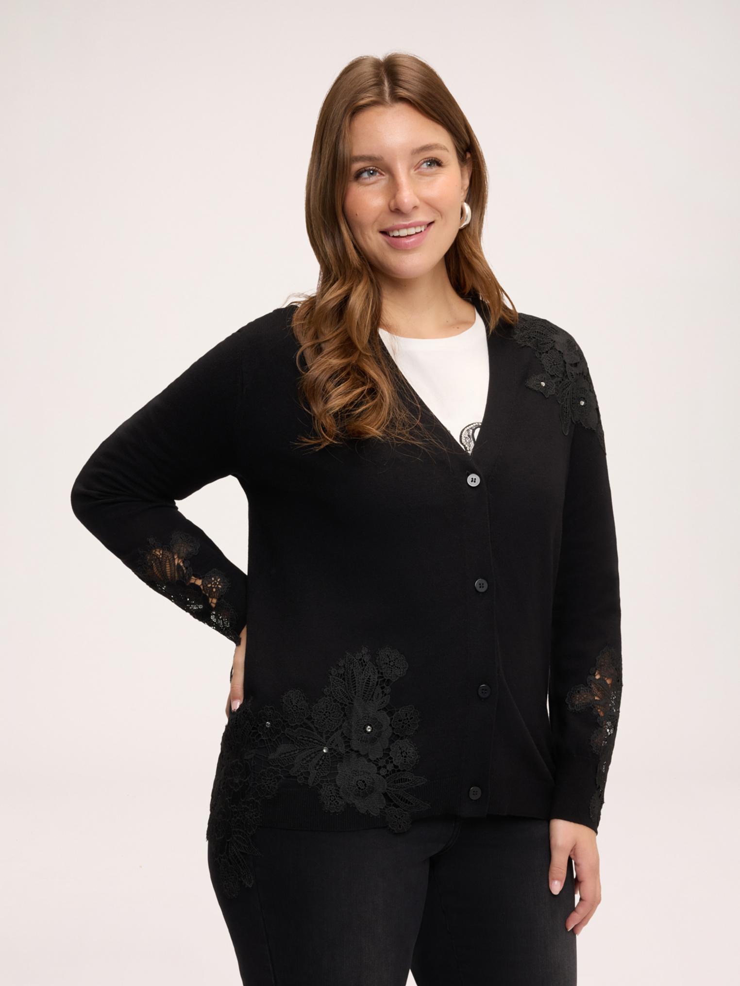 Cardigan avec applications en dentelle, FIORELLA RUBINO