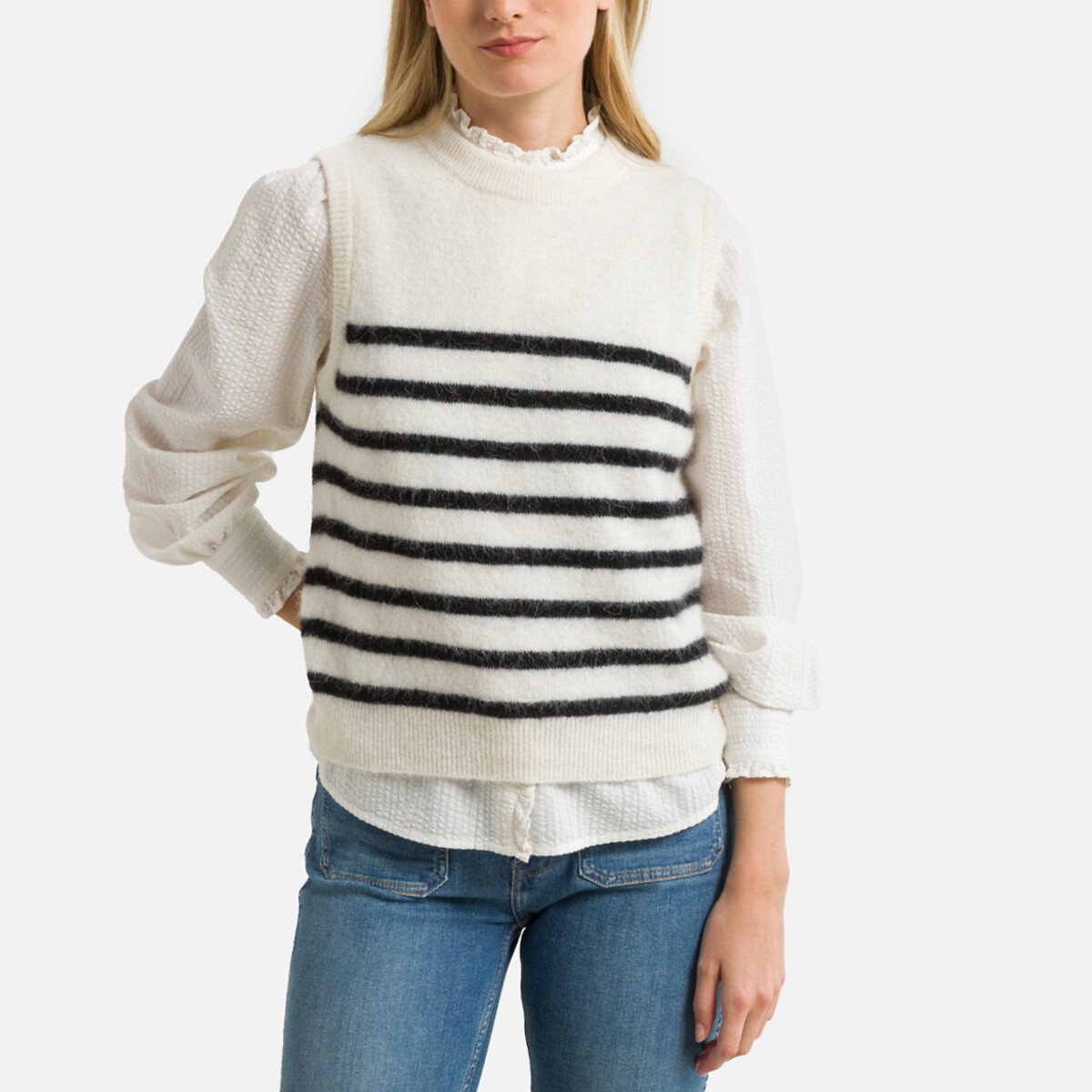 Alivie Striped Knitted Vest Top with Crew Neck