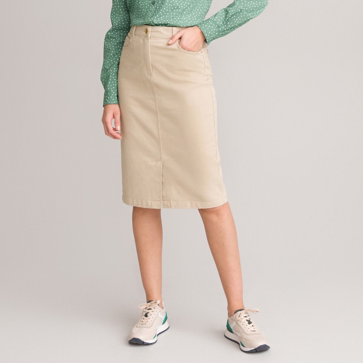 Image of Straight Knee-Length Skirt in Stretch Cotton