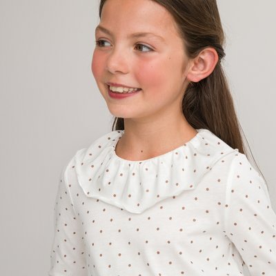Polka Dot Cotton T-Shirt with Ruffled Crew Neck LA REDOUTE COLLECTIONS