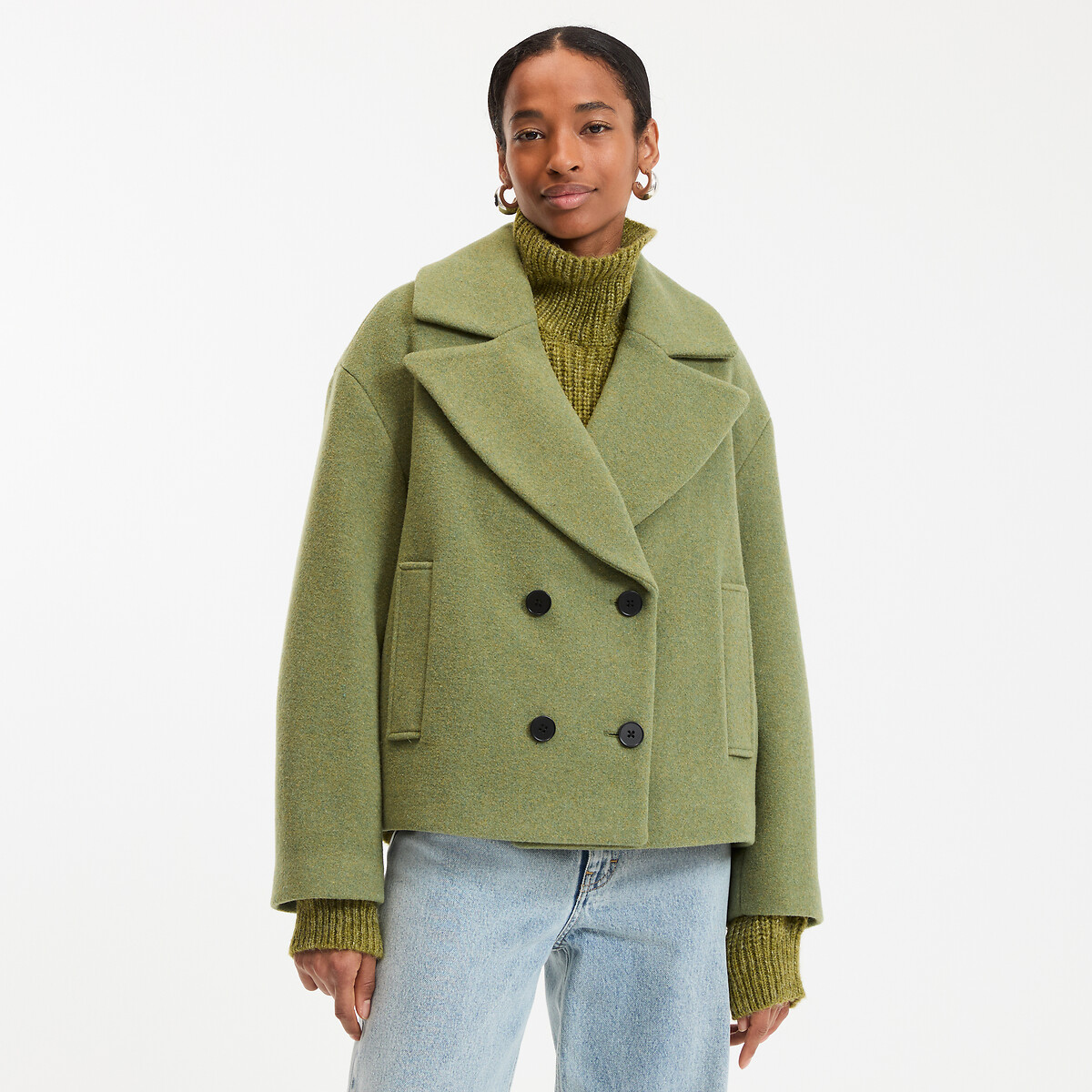 Short pea coat with button fastening with winter style, charcoal