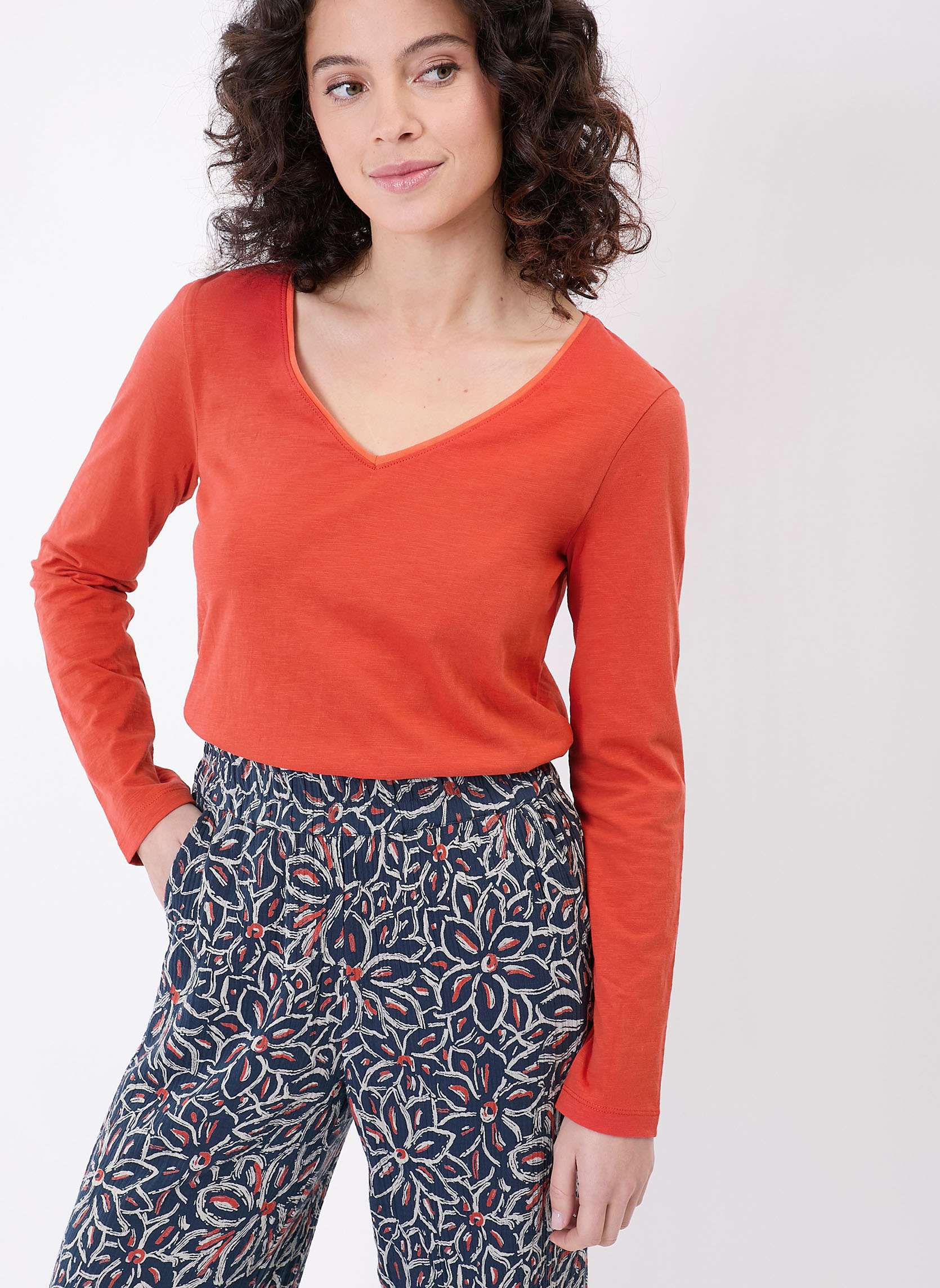 T-shirt uni coton bio col v JAIPURA, LA FIANCÉE