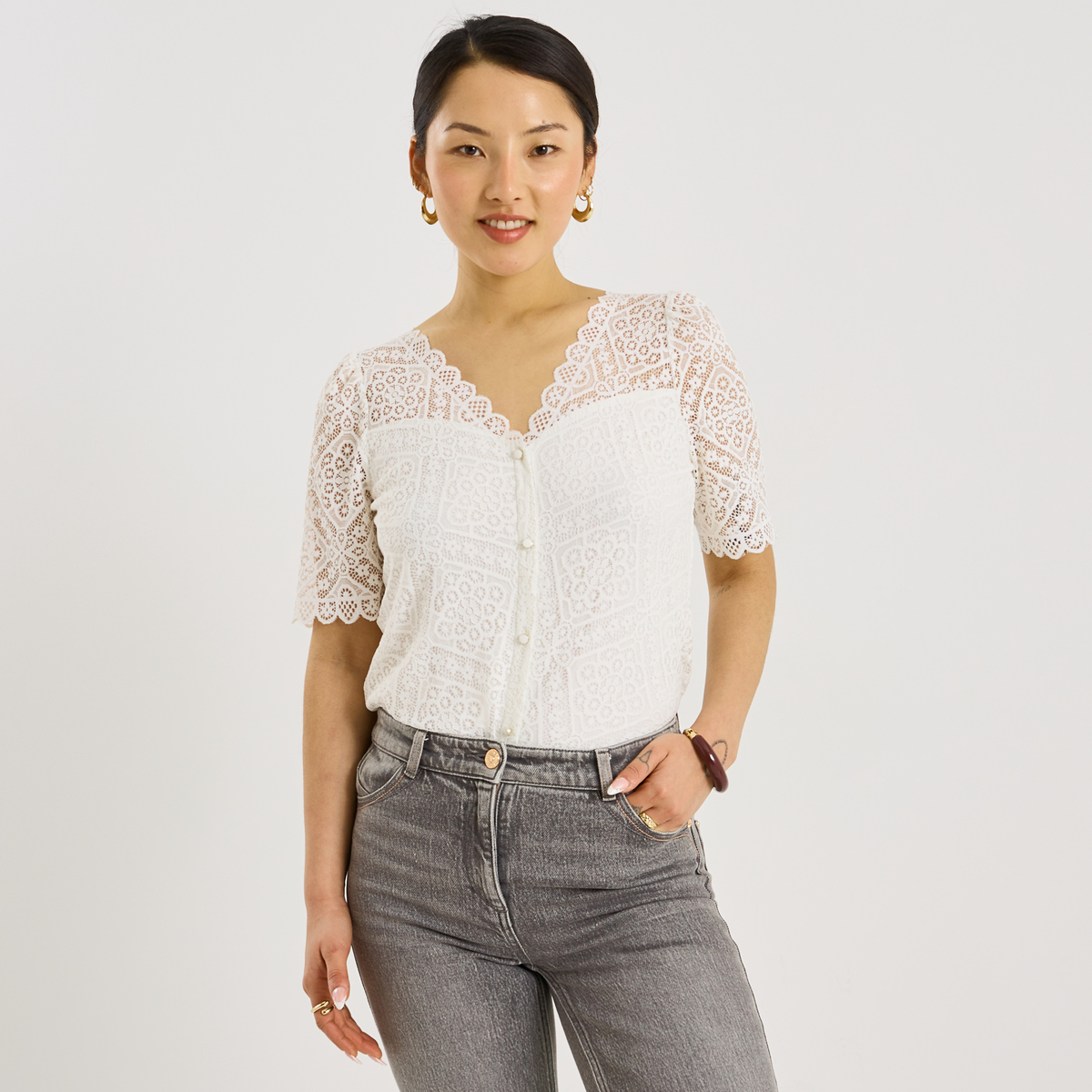 Blouse ajourée col V, GRAIN DE MALICE
