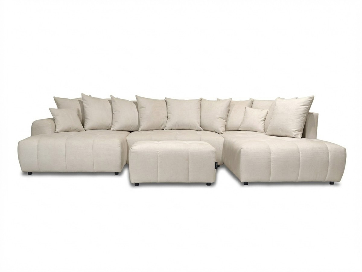 Canapé panoramique convertible 6 places en tissu chiné avec pouf, ROXELANE, BOBOCHIC