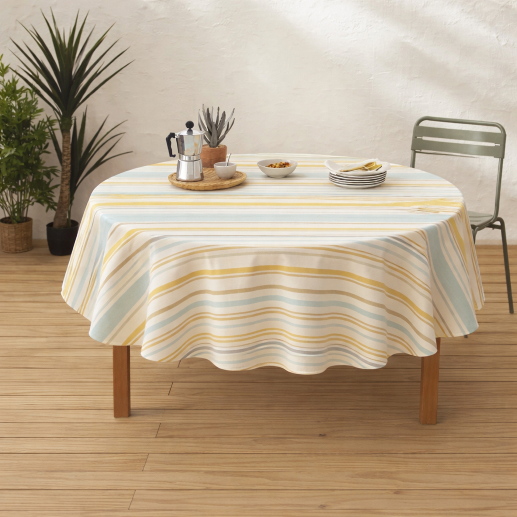 Nappe ronde coton enduit rayures basque, TRADILINGE
