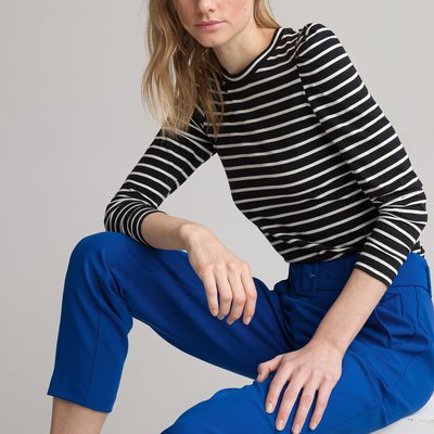 Organic Cotton Breton Striped T-Shirt with Crew Neck and Puff Sleeves LA REDOUTE COLLECTIONS