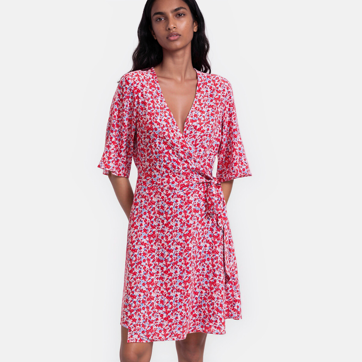 Robe cache-cœur évasée, imprimé floral, courte, manches courtes, LA REDOUTE COLLECTIONS