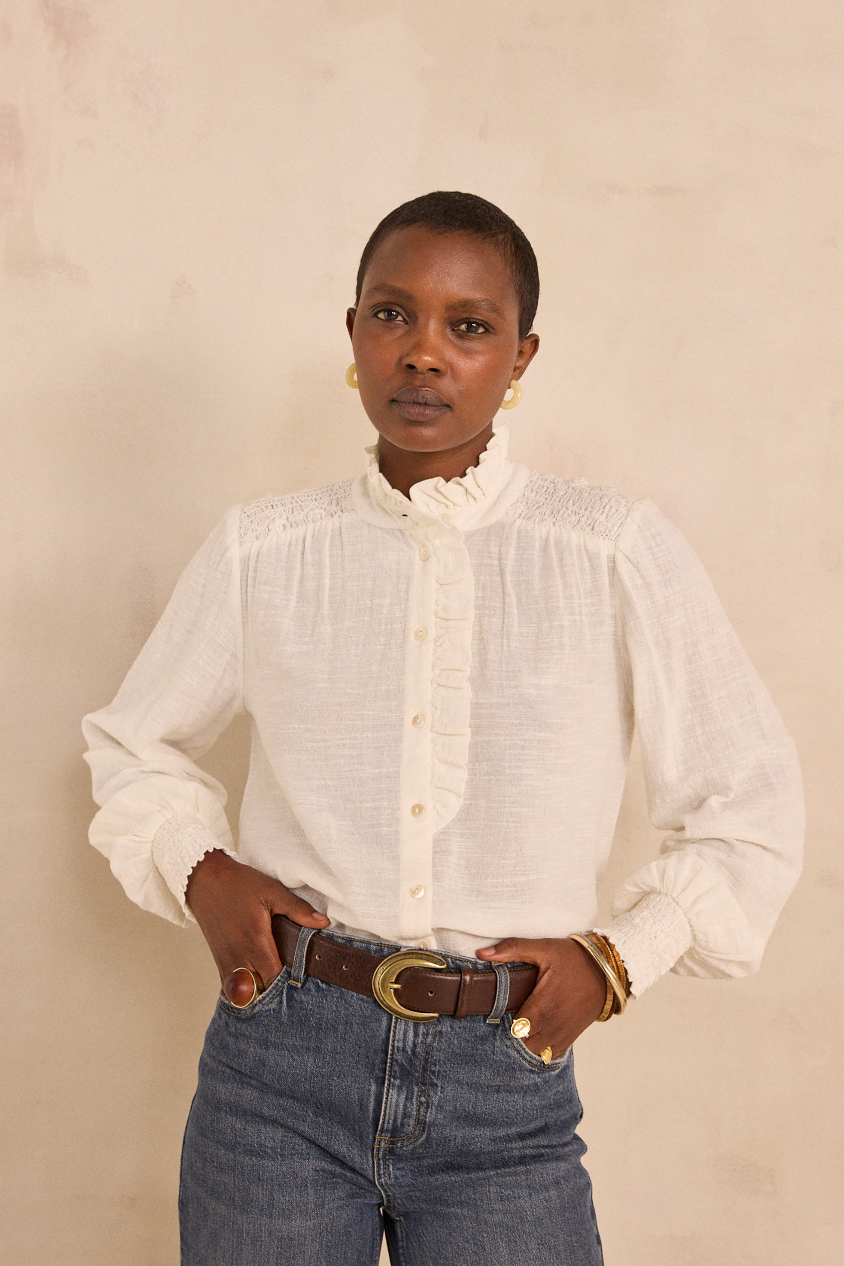 Blouse crème à manches longues en coton MANGUE, Maison 123