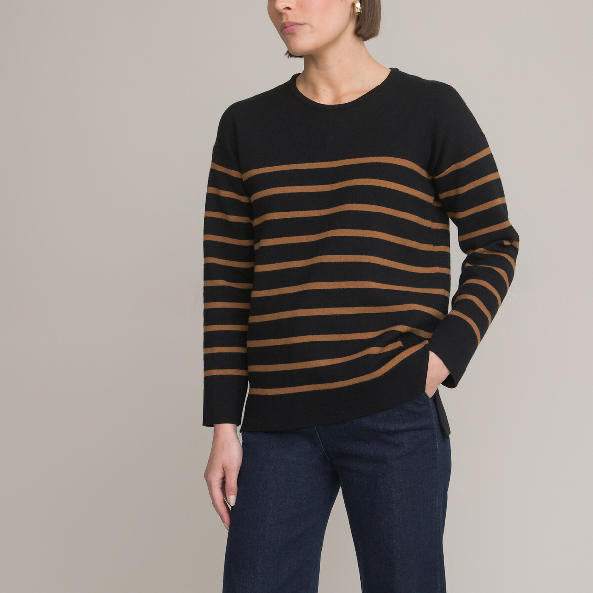 Striped milano knit jumper with crew neck striped black