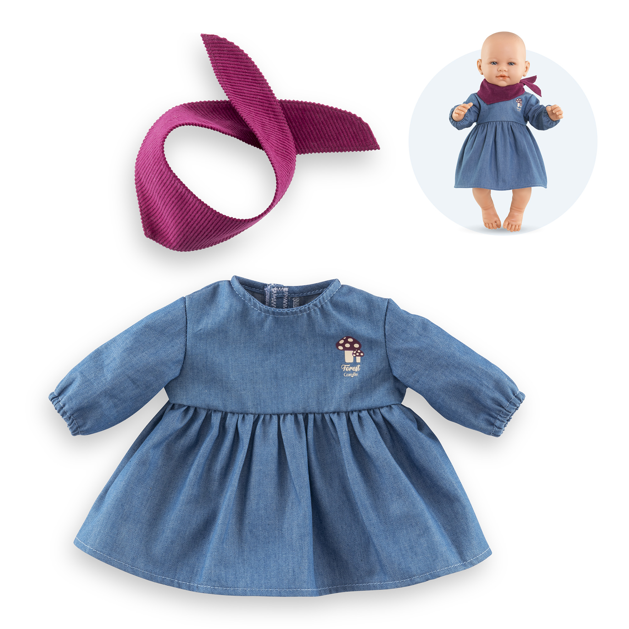 Robe en Jean Manches Longues & Foulard Petit Explorateur pour poupon 42 cm, COROLLE