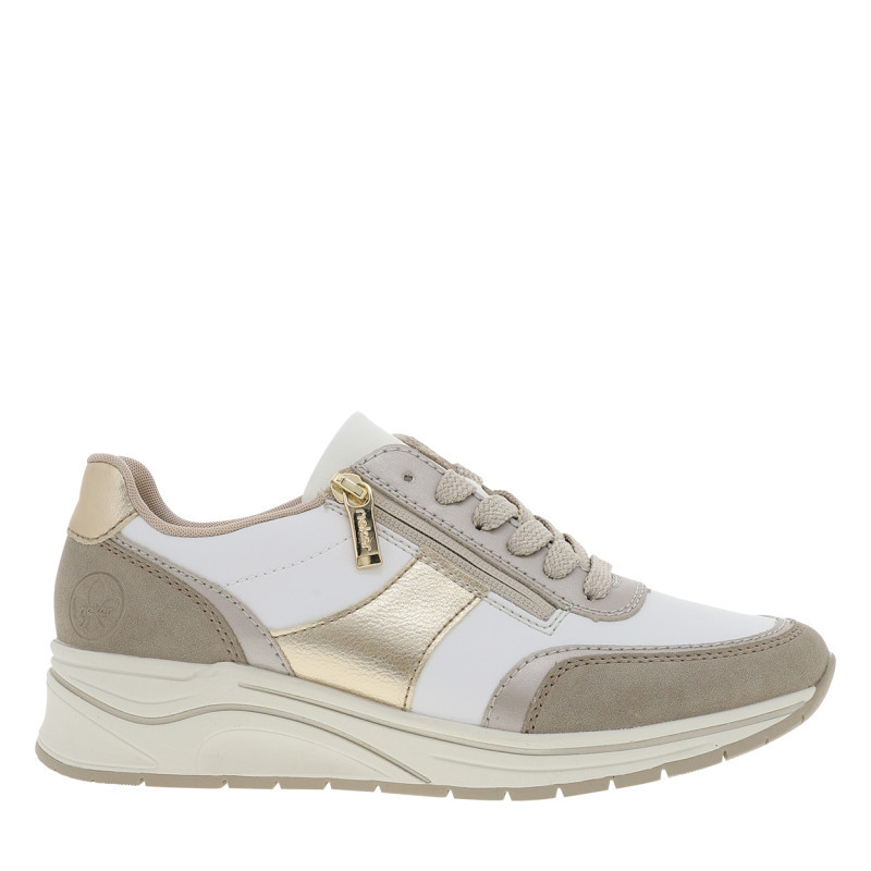 Sneakers en cuir blanches et dorées à talon compensé avec des lacets, RIEKER