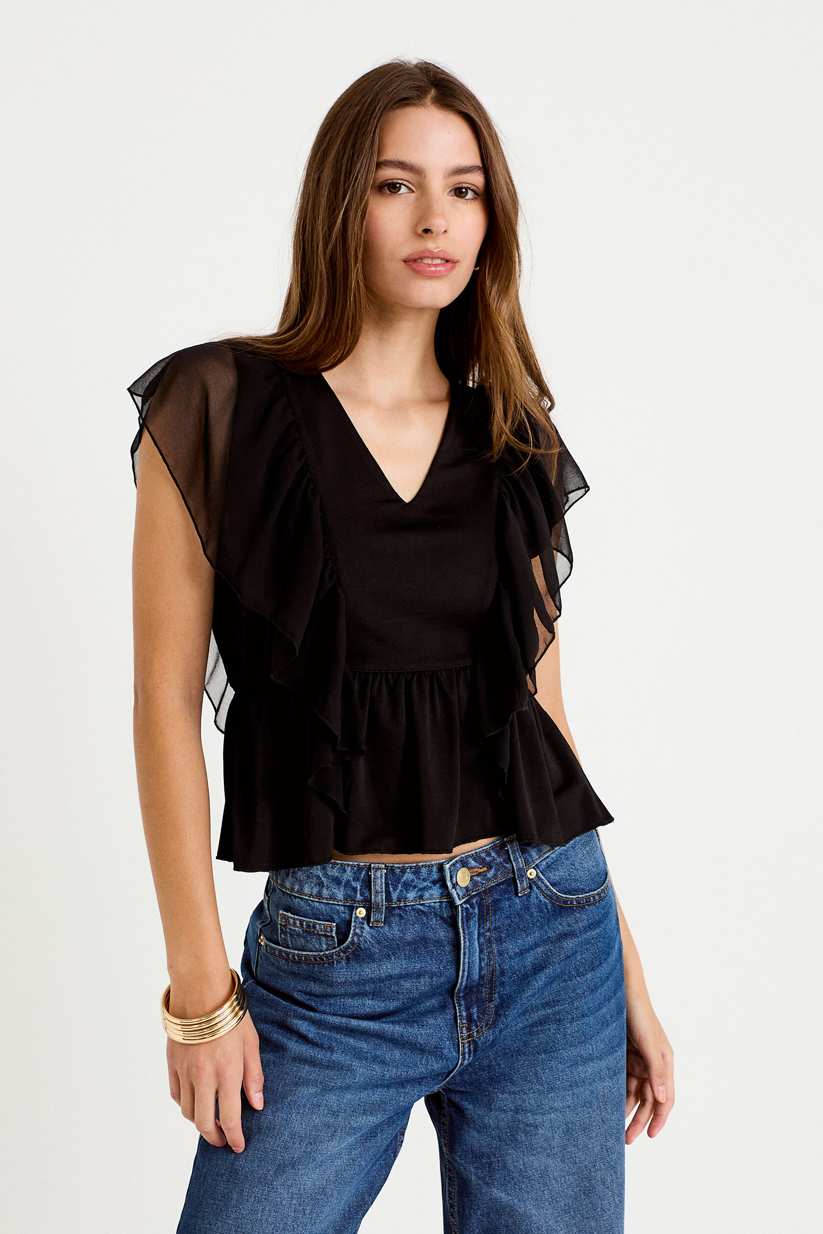Blouse décolleté voile manches courtes, CACHE CACHE
