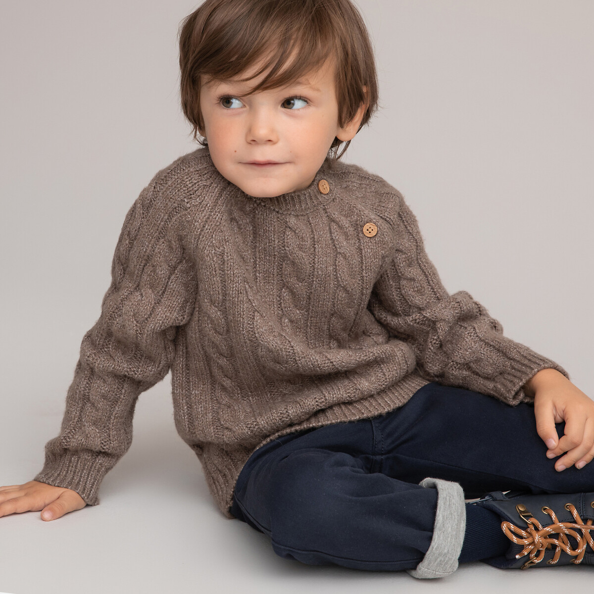 Chunky cable knit jumper with crew neck, taupe, La Redoute Collections ...
